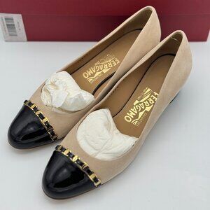 Salvatore Ferragamo - New Bisque Suede Kid with Nero Patent Calf Shoes